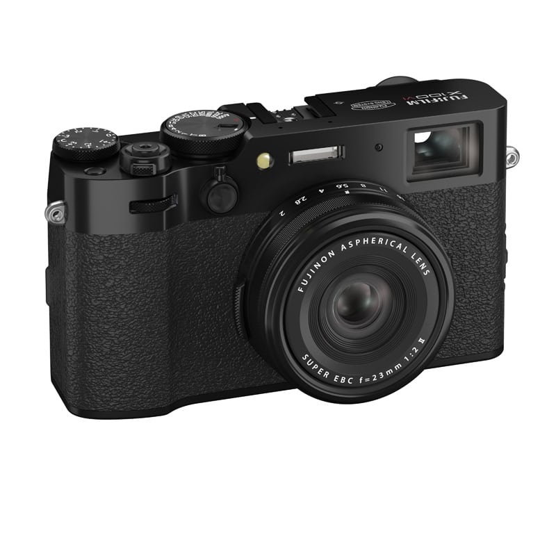 Fujifilm X100VI schwarz Kompaktkamera mit 23mm Objektiv.
