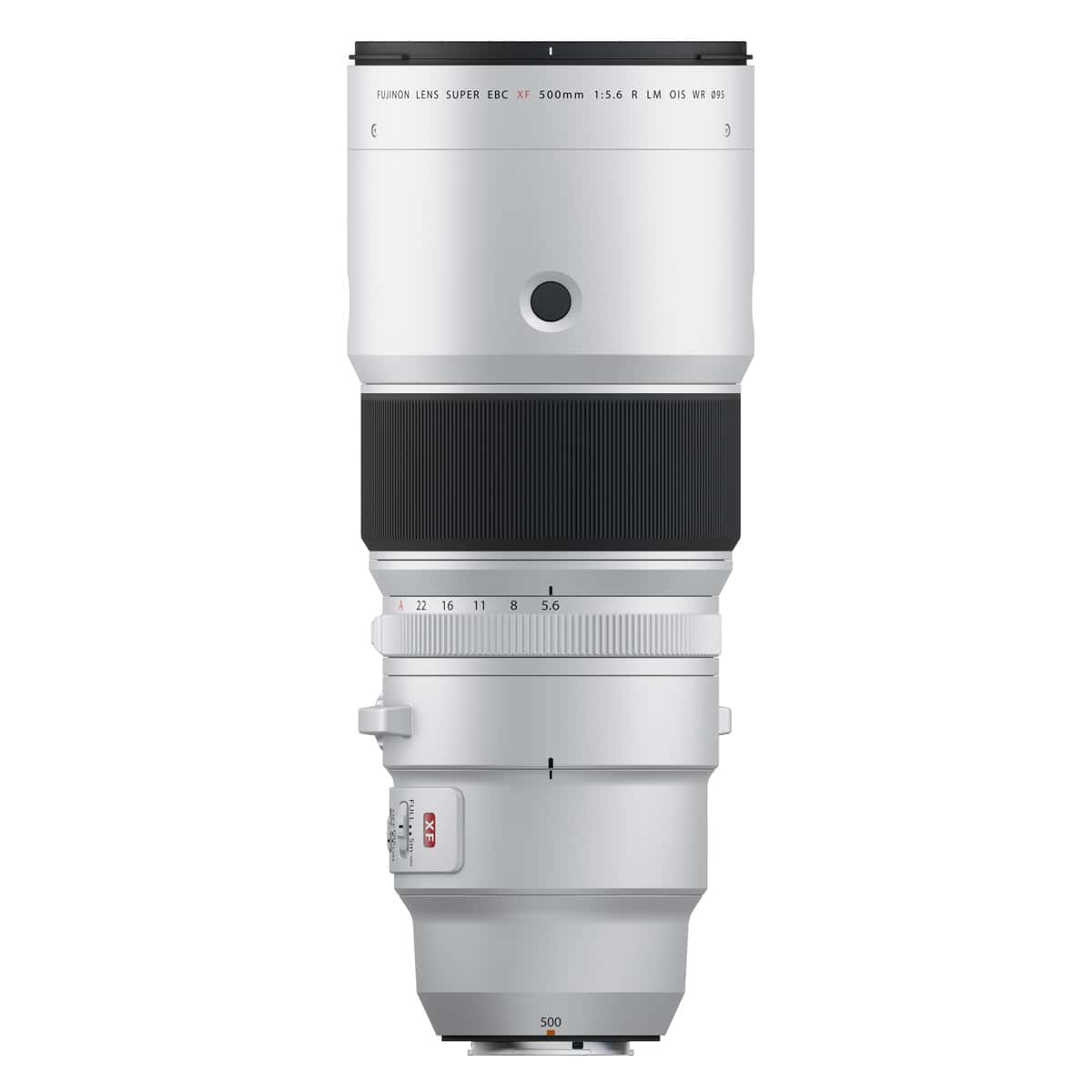 Fujinon XF500mm F5.6 R LM OIS WR Objektiv auf weißem Hintergrund.
